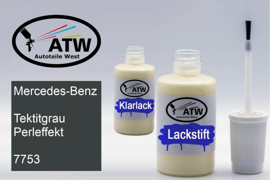 Mercedes-Benz, Tektitgrau Perleffekt, 7753: 20ml Lackstift + 20ml Klarlack - Set, von ATW Autoteile West.